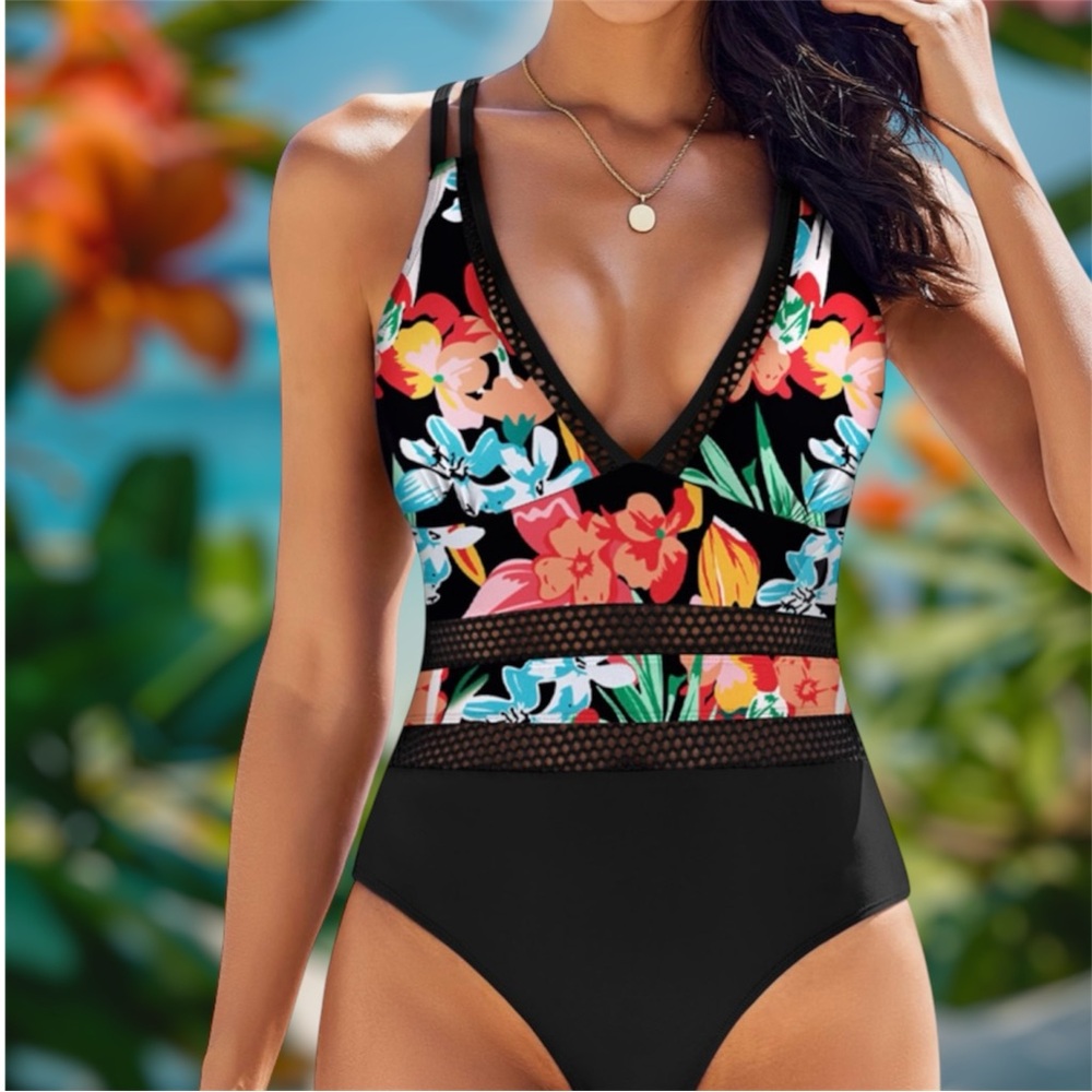 Floral and black one piece swimsuit